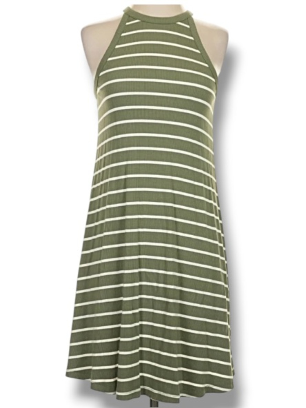 Old Navy Women’s Striped Rib-Knit Sleeveless Swing Dress Olive Green & White